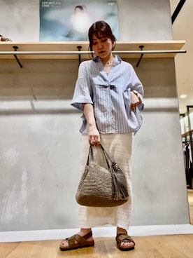 「URBAN RESEARCH（アーバンリサーチ）のハーフスリーブストライプシャツ（シャツ/ブラウス、ブラウン系）」を使った、asamiさん（レディース・164cm）の夏コーディネート