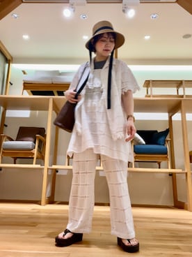 「SMELLY（スメリー）のペーパーブレードハット（ハット、ベージュ系）」を使った、asamiさん（レディース・164cm）の夏コーディネート