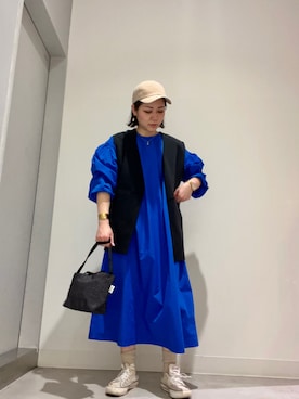 「2wayワンピース」｜「アイテム（帽子）」を使った、asamiさん（レディース・164cm）の春コーディネート