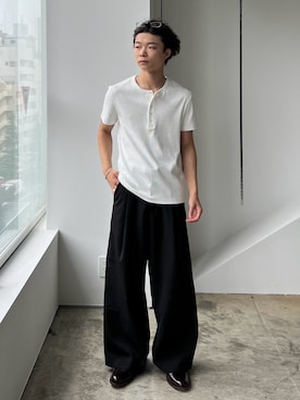 「SINSS（シンス）のCompact rib henley HS T-shirt / コンパクトリブヘンリーショートスリーブTシャツ（Tシャツ/カットソー）」を使った、ひびさん（メンズ・168cm）の夏コーディネート
