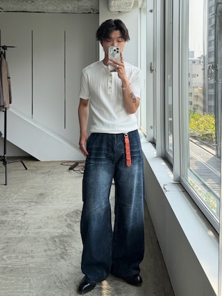 「SINSS（シンス）のRib henley HS T-shirt / リブヘンリーショートスリーブTシャツ（Tシャツ/カットソー）」を使った、ひびさん（メンズ・168cm）の夏コーディネート