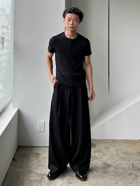 「SINSS（シンス）のCompact rib henley HS T-shirt / コンパクトリブヘンリーショートスリーブTシャツ（Tシャツ/カットソー）」を使った、ひびさん（メンズ・168cm）の夏コーディネート