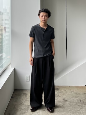 「SINSS（シンス）のCompact rib henley HS T-shirt / コンパクトリブヘンリーショートスリーブTシャツ（Tシャツ/カットソー）」を使った、ひびさん（メンズ・168cm）の夏コーディネート