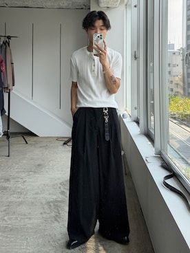 「SINSS（シンス）のRib henley HS T-shirt / リブヘンリーショートスリーブTシャツ（Tシャツ/カットソー）」を使った、ひびさん（メンズ・168cm）の夏コーディネート