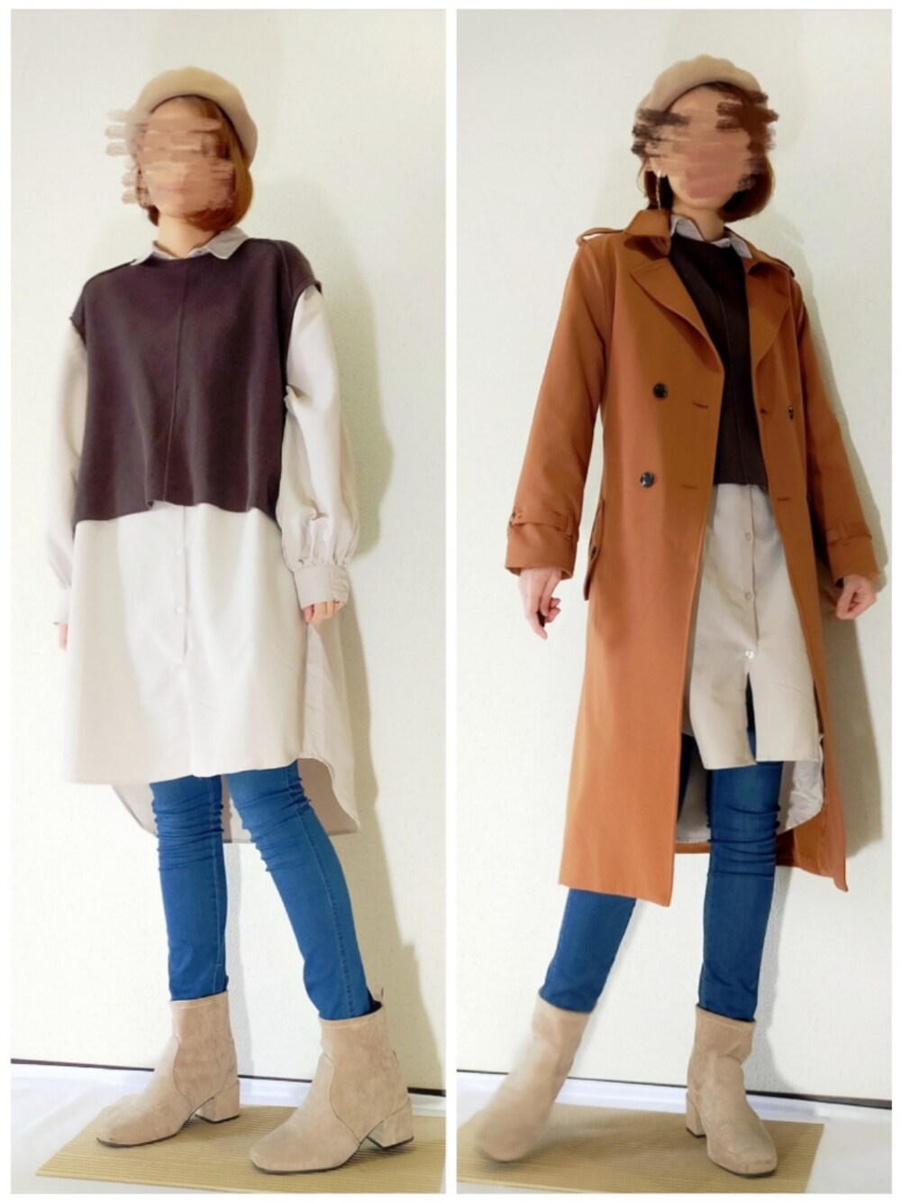 「ニットベスト、シャツワンピ、トレンチコート、エアパンツ、ストレッチブーツ、ベレー帽、高身長女子、ブラウンコーデ、プチプラコーデ」｜「EVRISのファーベストコンビトレンチコート（トレンチコート、ブラウン系）」を使った、memeppさん（レディース・170cm）の秋コーディネートの1枚目の写真
