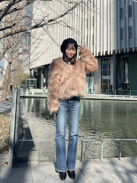 「ファー」｜「アイテム（ハンチング/ベレー帽）」を使った、marinさん（レディース・158cm）の冬コーディネート