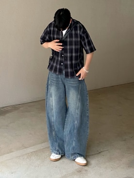 「LUENNA（ルエナ）の【LUENNA】Open Collar Short Sleeve Check Shirt / オープンカラー半袖チェックシャツ（シャツ/ブラウス、ブラック系）」を使った、kojiさん（メンズ・174cm）の春コーディネート
