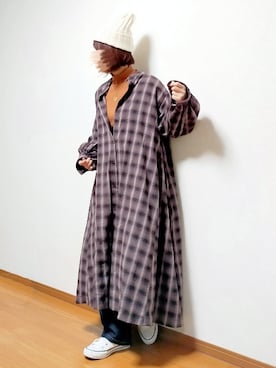 「チェック柄に恋してる」｜「アイテム（シャツワンピース）」を使った、のんくる🌼さん（レディース・154cm）の冬コーディネート
