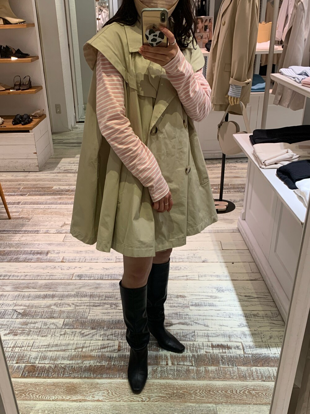 「春服、春コーデ、mystic、mystic_mystyle、mystic京都ポルタ店、おしゃれさんと繋がりたい、お洒落さんとつながりたい、お洒落さんと繋がりたい、服好きな人と繋がりたい、いいね、save、フォローお願いします🤑、低身長、低身長コーデ、淡色コーデ、ロングブーツ」｜「mysticのレイヤードデザインプルオーバー（Tシャツ/カットソー、ピンク系）」を使った、rinkaさん（レディース・153cm）の春コーディネートの1枚目の写真