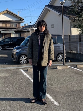 「チェック柄に恋してる」｜「アイテム（ダウンジャケット/コート）」を使った、こばやしさん（メンズ・180cm）の冬コーディネート