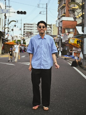 「テレコのサンダルのアイテム（サンダル、その他）」を使った、こばやしさん（メンズ・180cm）の夏コーディネート