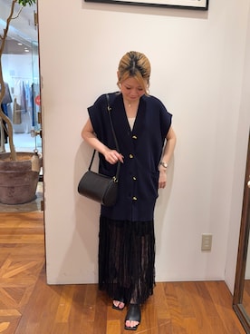 「LOUNGEDRESS（ラウンジドレス）のツイストボタンフレンチニットカーデ（カーディガン/ボレロ、ブルー系）」を使った、runa🌛さん（レディース・152cm）の夏コーディネート