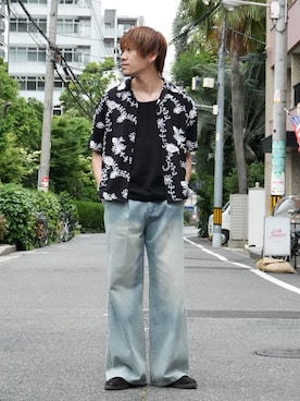 「CASPER JOHN（キャスパージョン）のEmbroidery shirts/エンブロイダリーシャツ（シャツ/ブラウス、ブラック系）」を使った、KE-ICHIさん（メンズ・177cm）の夏コーディネート