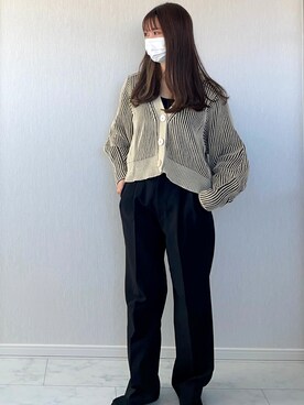 「ADAM ET ROPE'（アダムエロペ）の【WEB限定(一部店舗展開あり)】ストライプリブカーディガン（カーディガン/ボレロ、ホワイト系）」を使った、ゆさん（レディース）の春コーディネート
