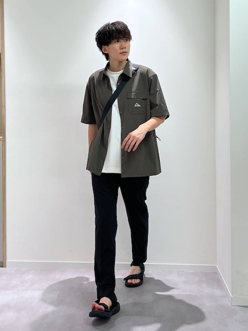 極美品【グローバルワーク】インディゴ　ノーカラー　パンツスーツ　ウエストゴム　L セール】機能付きSET UPワイドパンツ/MATINEE LINE/173689