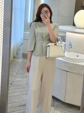 「DRESS PLUS（ドレスプラス）のスリット入りノーカラージャケット（Collarless jacket、グリーン系）」を使った、DRESS PLUSさん（レディース・168cm）の春コーディネート