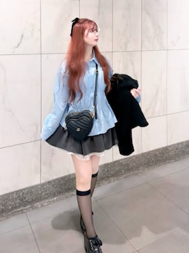 「DRESS PLUS（ドレスプラス）のウエストシャーリング ペプラムシャツ 長袖（Shirts、ブルー系）」を使った、DRESS PLUSさん（レディース・168cm）の春コーディネート