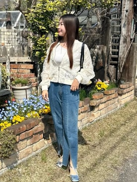 「DRESS PLUS（ドレスプラス）のアートなレース柄が可愛いブルゾン（Collarless jacket、ホワイト系）」を使った、DRESS PLUSさん（レディース・168cm）の春コーディネート