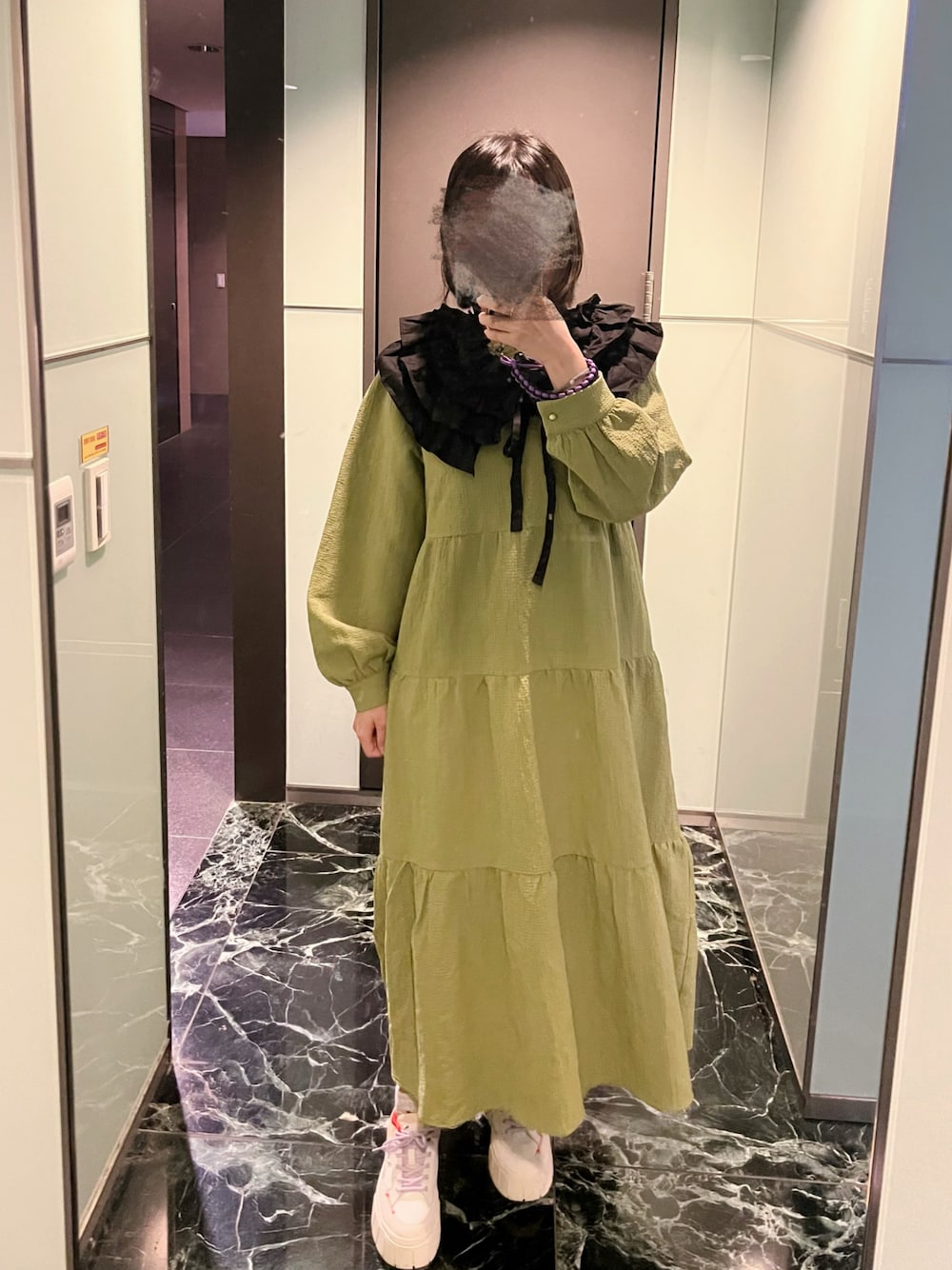 「CIAOPANICのアイテム（ワンピース/ドレス、グリーン系）」を使った、Kaiju🐈‍⬛さん（レディース・158cm）の冬コーディネートの1枚目の写真