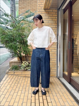 ユニ YUNI 小花刺繡 ノーカラー シャツ ブラウス トップス yuni（ユニ ）の「◎草花多色刺繍 ノーカラーブラウス（シャツ