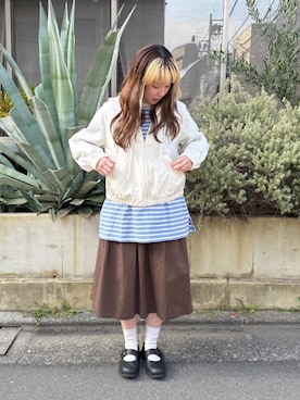 「bulle de savon（ビュルデサボン）のコットン/キュプラ 高密度ブロード hoodie ブルゾン（ブルゾン、ホワイト系）」を使った、bulle de savonさん（レディース・169cm）の春コーディネート