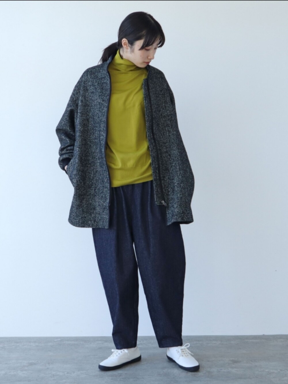 YUN Iユニ 杢ループヘリンボーンツイードミドルコート ジャケット リブ 杏さん着用】ヘリンボーンループツイード ジャケット