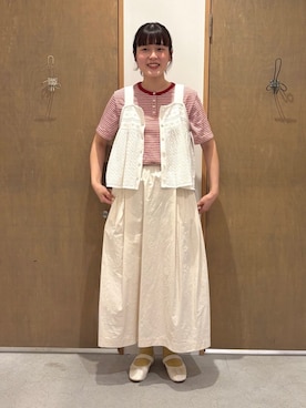 「bulle de savon（ビュルデサボン）のマルチボーダー　ヘンリーネックTシャツ（Tシャツ/カットソー、レッド系）」を使った、bulle de savonさん（レディース・169cm）の春コーディネート