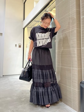 「Whim Gazette（ウィムガゼット）のコットンギャザーマキシスカート（スカート、グレー系）」を使った、miyakoshi＿87さん（レディース・158cm）の春コーディネート