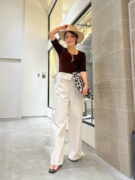 「Whim Gazette（ウィムガゼット）のハイウエストデニムパンツ（デニムパンツ、ホワイト系）」を使った、miyakoshi＿87さん（レディース・158cm）の夏コーディネート