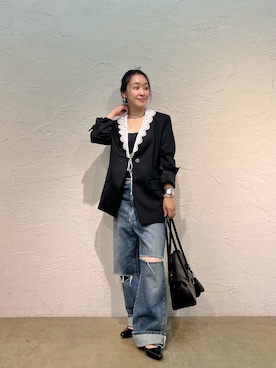 「Whim Gazette（ウィムガゼット）の【GEMINI】ダメージデニム（デニムパンツ、ブルー系）」を使った、miyakoshi＿87さん（レディース・158cm）の夏コーディネート