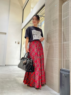「Whim Gazette（ウィムガゼット）のコットンリネンチェックフレアスカート（スカート、レッド系）」を使った、miyakoshi＿87さん（レディース・158cm）の夏コーディネート