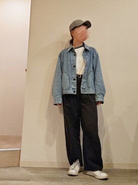 「GU（ジーユー）のチノバレルレッグタックパンツ（チノパンツ、ブラック系）」を使った、R!◎N.さん（レディース・156cm）の夏コーディネート