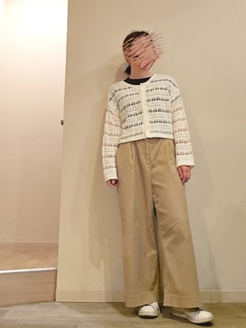 「GU（ジーユー）の透かし編みニットカーディガン（カーディガン/ボレロ、ホワイト系）」を使った、R!◎N.さん（レディース・156cm）の夏コーディネート