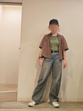 「GU（ジーユー）のバレルバックジーンズ（デニムパンツ、ブルー系）」を使った、R!◎N.さん（レディース・156cm）の夏コーディネート
