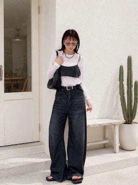 「Aunely（オーネリー）の【Aunely】さらっとエアリーチュールスリーブシアープルオーバー〈YOSOOIシリーズ〉（Tシャツ/カットソー、ホワイト系）」を使った、SIZUさん（レディース・156cm）の夏コーディネート