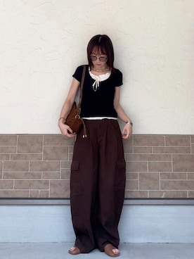 「Ada.（エイダ）のレイヤード風 ヘンリーネック カットソー トップス バレエコア ウィッシュコア  （半袖）（Tシャツ/カットソー、ブラック系）」を使った、SIZUさん（レディース・156cm）の夏コーディネート