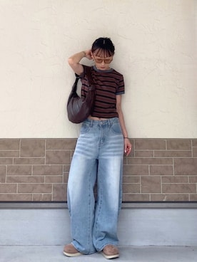 「feepur（フェピュール）のマルチボーダーコンパクトリンガーTee（Tシャツ/カットソー、ブラウン系）」を使った、SIZUさん（レディース・156cm）の春コーディネート