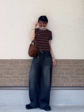 「feepur（フェピュール）のマルチボーダーコンパクトリンガーTee（Tシャツ/カットソー、ブラウン系）」を使った、SIZUさん（レディース・156cm）の春コーディネート