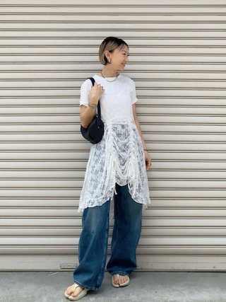 「tiptop（ティップトップ）のレースドロストミニキャミワンピース（キャミソール）」を使った、SIZUさん（レディース・156cm）の夏コーディネート