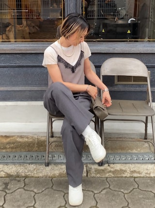 「notch.（ノッチ）のストライプレース付きキャミソール（キャミソール）」を使った、SIZUさん（レディース・156cm）の夏コーディネート