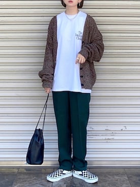 「ニットカーディガン」｜「アイテム（スリッポン）」を使った、SIZUさん（レディース・156cm）の秋コーディネート