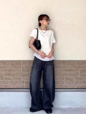 「SENSE OF PLACE by URBAN RESEARCH（センスオブプレイスバイアーバンリサーチ）のフリルドレープトップ（Tシャツ/カットソー、ホワイト系）」を使った、SIZUさん（レディース・156cm）の夏コーディネート