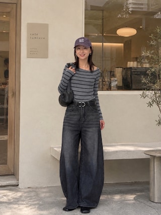 「KUREN(クレン)のボーダーオフショルニット(ニット/セーター)」を使った、SIZUさん(レディース・156cm)の秋コーディネート