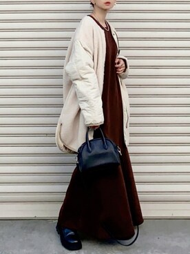 「ボストンバッグ」｜「アイテム（ノーカラージャケット）」を使った、SIZUさん（レディース・156cm）の冬コーディネート