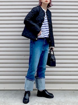 「秋先取りコーデ」｜「アイテム（ノーカラージャケット）」を使った、SIZUさん（レディース・156cm）の秋コーディネート