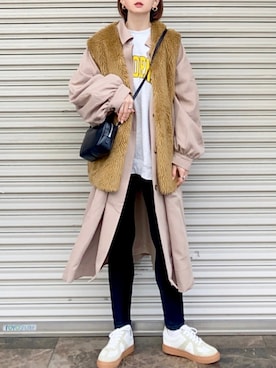 「ファー」｜「アイテム（ステンカラーコート）」を使った、SIZUさん（レディース・156cm）の冬コーディネート