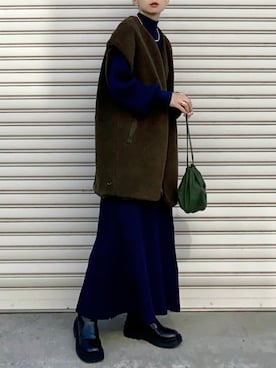 「巾着バッグ」｜「アイテム（ノーカラージャケット）」を使った、SIZUさん（レディース・156cm）の秋コーディネート