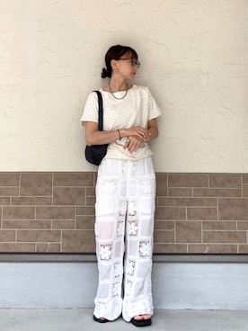 「full/fill.（フルフィル）のflower crochet patchwork pants / フラワークロシェパッチワークパンツ（その他パンツ、ホワイト系）」を使った、SIZUさん（レディース・156cm）の夏コーディネート