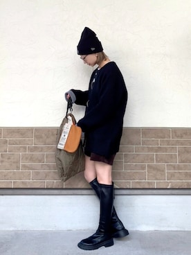 「アイテム（ニットキャップ/ビーニー）」を使った、SIZUさん（レディース・156cm）の冬コーディネート