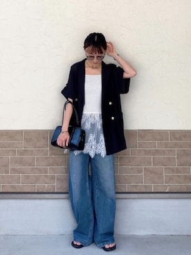 「tiptop（ティップトップ）の半袖カーディガン×裾レースキャミSET（Tシャツ/カットソー、グレー系）」を使った、SIZUさん（レディース・156cm）の春コーディネート